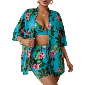 Floerns Women's 3 Piece Outfit Kimono Cardigan Crop Cami Top with Shorts Set in Saudi Arabia