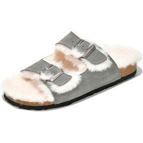 Project Cloud Women's Genuine Suede Shearling Sandals - Adjustable Double Strap Eva Wedge with Fur Lane Cork Footbed Sandal, Indoor & Outdoor Women Slippers, Comfortable Flat Slide Sandals