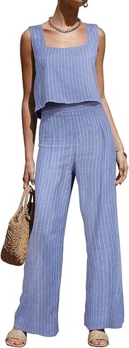 ROYLAMP Women's Summer 2 Piece Outfits Sleeveless Square Neck Tops Wide Leg Pants set Jumpsuit with Pockets in Kuwait