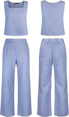 ROYLAMP Women's Summer 2 Piece Outfits Sleeveless Square Neck Tops Wide Leg Pants set Jumpsuit with Pockets in Kuwait