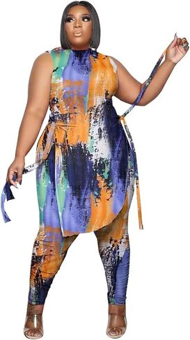 Dmoled نساء حجم كبير 2 قطعة وتتسابق بذلة التمويه طباعة أكمام شق تونك القمم مجموعة بناطيل رجالي in Kuwait