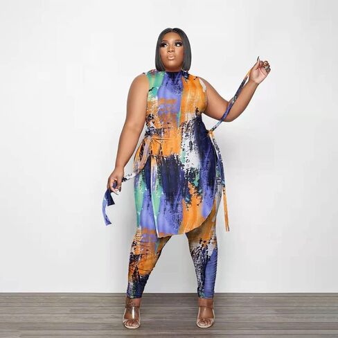 Dmoled نساء حجم كبير 2 قطعة وتتسابق بذلة التمويه طباعة أكمام شق تونك القمم مجموعة بناطيل رجالي in Kuwait