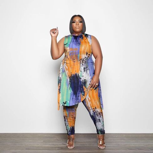 Dmoled نساء حجم كبير 2 قطعة وتتسابق بذلة التمويه طباعة أكمام شق تونك القمم مجموعة بناطيل رجالي in Kuwait