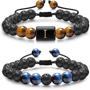 Lava Rock Bracelets for Men, 8mm Tiger Eye Lava Rock Stone Mens Beaded Bracelets Men Bracelets Set Initial Bracelets for Men Adjustable Bracelet Jewelry Gifts for Men Father Boyfriends Husband