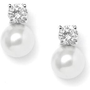 Mariell White Pearl Bridal Earrings with Cubic Zirconia Crystal Top, 9mm White Pearl Stud Earring, Perfect for Brides, Bridesmaids, Wedding Party and Everyday Wear, in Kuwait