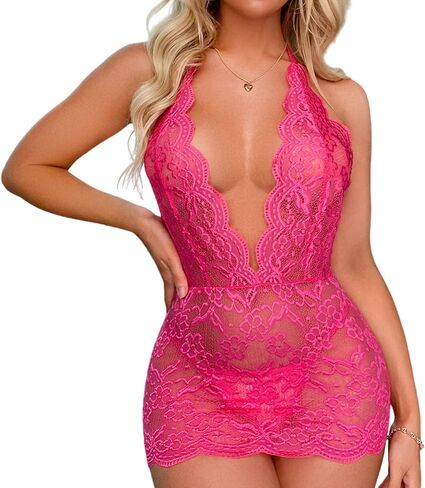 QuneusHot Women Sexy Lace Babydoll Dress Lingerie Plung V Halter Backless Nightgown Camisole in Kuwait