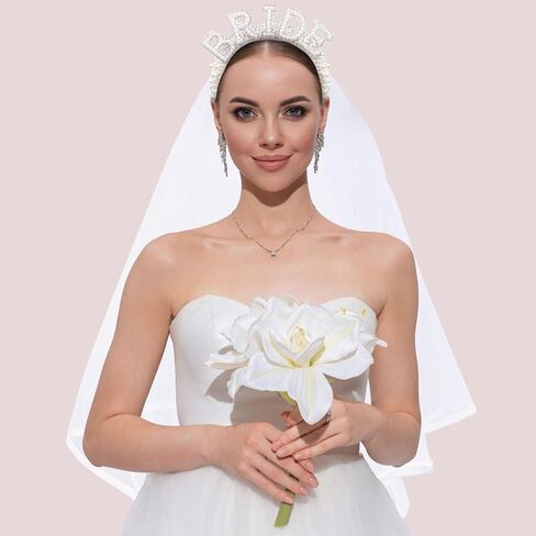 سوموتيا شريط راس للعروس مع طرحة لتزيين حفلات توديع العزوبية، شريط راس من اللؤلؤ الابيض، شريط راس للعروس لحفلات توديع العزوبية بلون ابيض، مقاس متوسط in Kuwait