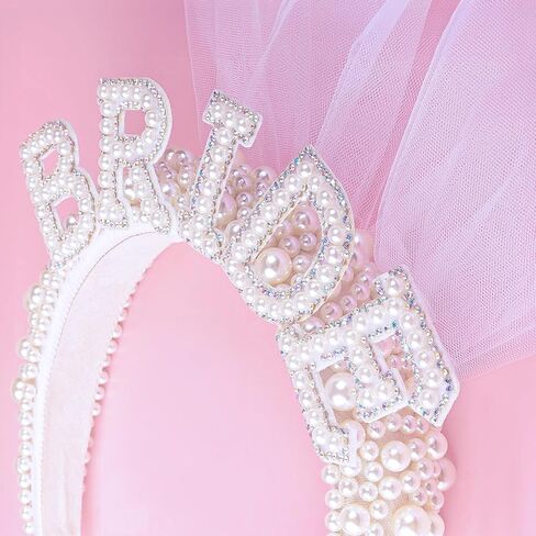 سوموتيا شريط راس للعروس مع طرحة لتزيين حفلات توديع العزوبية، شريط راس من اللؤلؤ الابيض، شريط راس للعروس لحفلات توديع العزوبية بلون ابيض، مقاس متوسط in Kuwait