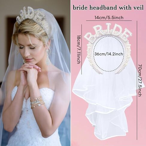 سوموتيا شريط راس للعروس مع طرحة لتزيين حفلات توديع العزوبية، شريط راس من اللؤلؤ الابيض، شريط راس للعروس لحفلات توديع العزوبية بلون ابيض، مقاس متوسط in Kuwait