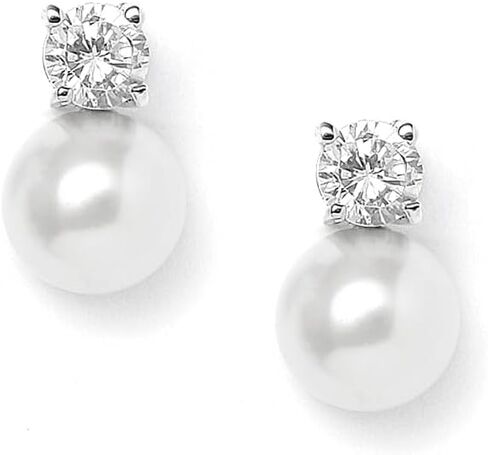 Mariell White Pearl Bridal Earrings with Cubic Zirconia Crystal Top, 9mm White Pearl Stud Earring, Perfect for Brides, Bridesmaids, Wedding Party and Everyday Wear, in Kuwait