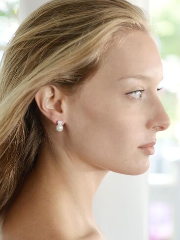 Mariell White Pearl Bridal Earrings with Cubic Zirconia Crystal Top, 9mm White Pearl Stud Earring, Perfect for Brides, Bridesmaids, Wedding Party and Everyday Wear, in Kuwait