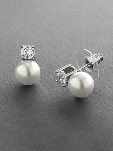 Mariell White Pearl Bridal Earrings with Cubic Zirconia Crystal Top, 9mm White Pearl Stud Earring, Perfect for Brides, Bridesmaids, Wedding Party and Everyday Wear, in Kuwait
