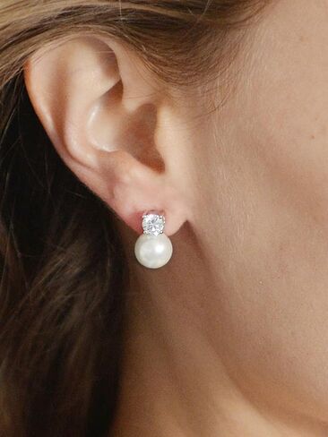 Mariell White Pearl Bridal Earrings with Cubic Zirconia Crystal Top, 9mm White Pearl Stud Earring, Perfect for Brides, Bridesmaids, Wedding Party and Everyday Wear, in Kuwait