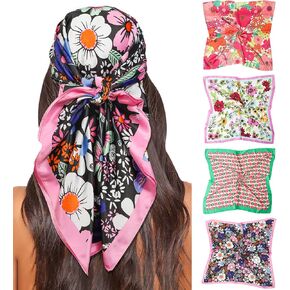 Molans 4Pcs Silk Satin Square Headscarf - 35 Inches Large Hair Bandana Head Kerchief Fashion Pattern Hair Scarves for Women in Kuwait