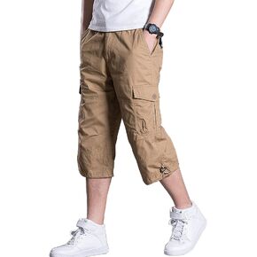 LAVIQK Men's Casual Cargo Shorts 16" Inseam Below Knee Multi Pocket 3/4 Capri Long Shorts Twill Relaxed Fit Pants
