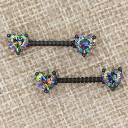 Excepro Nipple Ring 316L Surgical SS Multicolor PVD Plated Rainbow CZ Heart Round Shiny Mysterious Sparkly Nipple Jewelry Rings in Saudi Arabia
