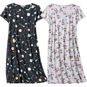 FEREMO 2 Pack Women's Cotton Nightgowns Short Sleeve Sleepshirts Print Sleep Tee Sleepwear for Women in Saudi Arabia