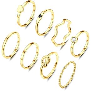 YADOCA 8pcs 2MM Stainless Steel Rings for Women Men 14K Gold Plated Stacking Rings Fashion Simple Plain Knuckle Stacking Midi Thumb Dainty Thin Heart Knot Stackable Statement Band Rings Set Size 5-11