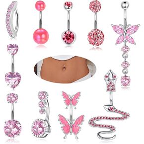 JeryWe 10 Pcs 14G Belly Button Rings for Women 316L Stainless Steel Clicker Belly Button Piercing Dangly Navel Rings Blue Pink CZ Snake Butterfly Belly Rings Dangling Belly Piercing Jewelry