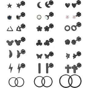21 Pairs Stainless Steel Earrings Set for Women Men Star Moon flower Snake Leaf 20G Cartilage Earrings Set Hypoallergenic Flatback Earrings Piercing Jewelry