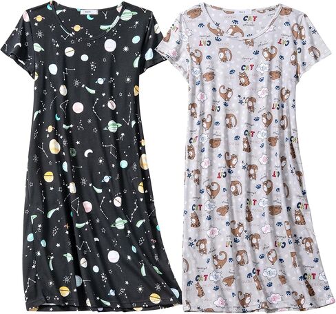 FEREMO 2 Pack Women's Cotton Nightgowns Short Sleeve Sleepshirts Print Sleep Tee Sleepwear for Women in Saudi Arabia