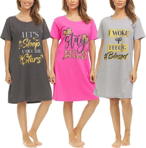 Essential Elements 3 Pack: Womens 100% Cotton Sleep Shirt - Soft Printed Sleep Dress Nightgown Sleepwear Pajama Nightshirt in Kuwait