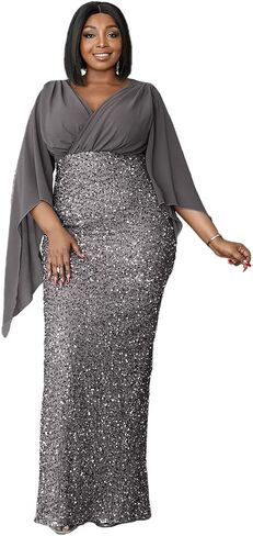 Miss ord Women's Plus Size Sequins V Neck Prom Maxi Dress, Wrap Chiffon Cloak Sleeves Slit Back Evening Gown in Saudi Arabia