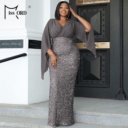 Miss ord Women's Plus Size Sequins V Neck Prom Maxi Dress, Wrap Chiffon Cloak Sleeves Slit Back Evening Gown in Saudi Arabia