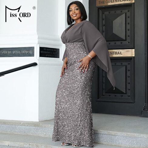 Miss ord Women's Plus Size Sequins V Neck Prom Maxi Dress, Wrap Chiffon Cloak Sleeves Slit Back Evening Gown in Saudi Arabia