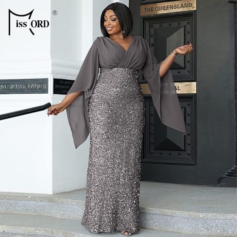 Miss ord Women's Plus Size Sequins V Neck Prom Maxi Dress, Wrap Chiffon Cloak Sleeves Slit Back Evening Gown in Saudi Arabia