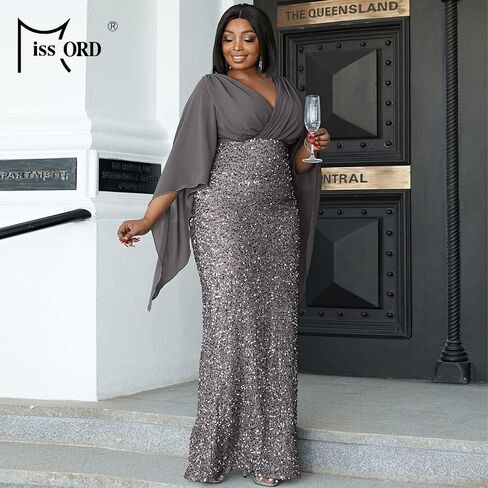 Miss ord Women's Plus Size Sequins V Neck Prom Maxi Dress, Wrap Chiffon Cloak Sleeves Slit Back Evening Gown in Saudi Arabia