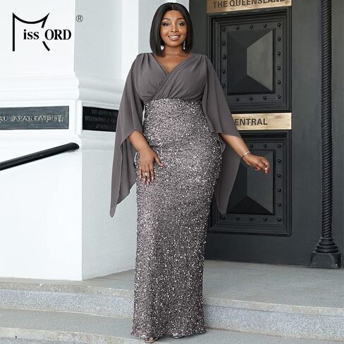 Miss ord Women's Plus Size Sequins V Neck Prom Maxi Dress, Wrap Chiffon Cloak Sleeves Slit Back Evening Gown in Saudi Arabia
