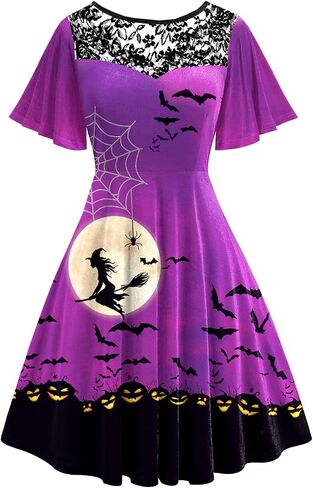 AOBUTE Women Halloween Dress Lace Flutter Sleeve A-Line Party Dresses in Kuwait