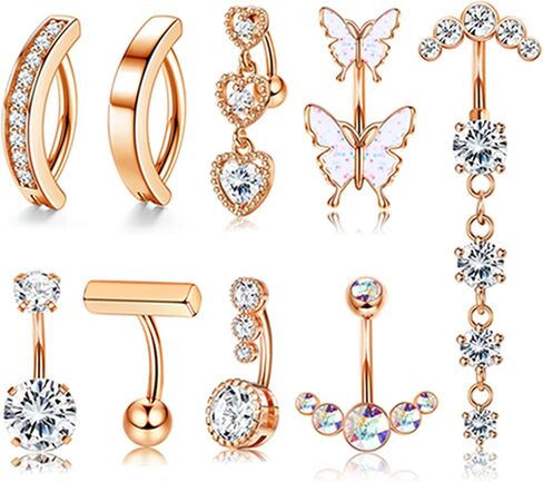 YADOCA 9Pcs Clicker Belly Button Ring Dangling Cute Colorful CZ Butterfly Heart Belly Rings for Women 14G Stainless Steel Belly Button Piercing Jewelry in Saudi Arabia