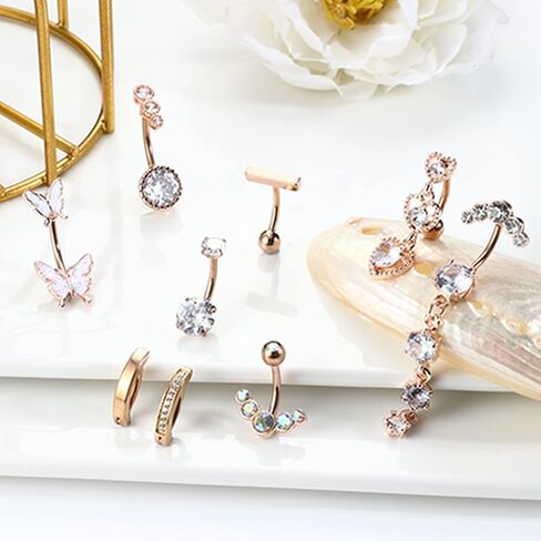 YADOCA 9Pcs Clicker Belly Button Ring Dangling Cute Colorful CZ Butterfly Heart Belly Rings for Women 14G Stainless Steel Belly Button Piercing Jewelry in Saudi Arabia