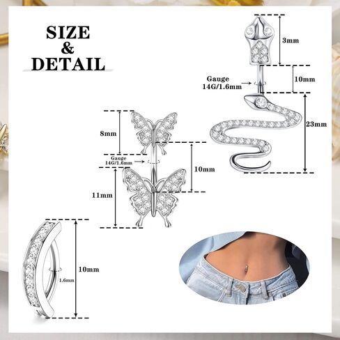 FIBO STEEL 9 قطع 14 جرام زر البطن الفرس خاتم البطن ثقب المجوهرات حلقات البطن للنساء الذهب الجراحية الصلب حلقات زر البطن المتدلية المنحنية عكس حلقات السرة ثعبان فراشة القلب تشيكوسلوفاكيا الشر in Saudi Arabia