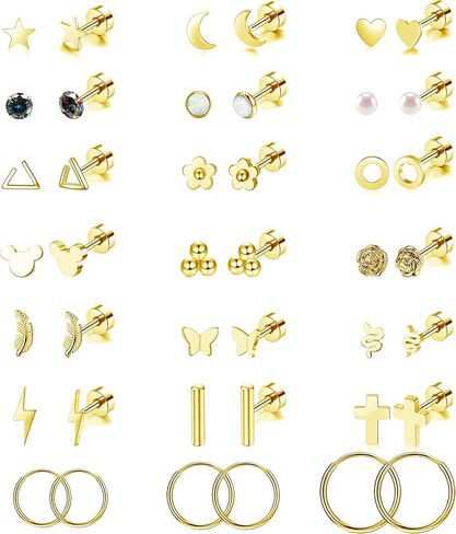21 Pairs Stainless Steel Earrings Set for Women Men Star Moon flower Snake Leaf 20G Cartilage Earrings Set Hypoallergenic Flatback Earrings Piercing Jewelry in Kuwait