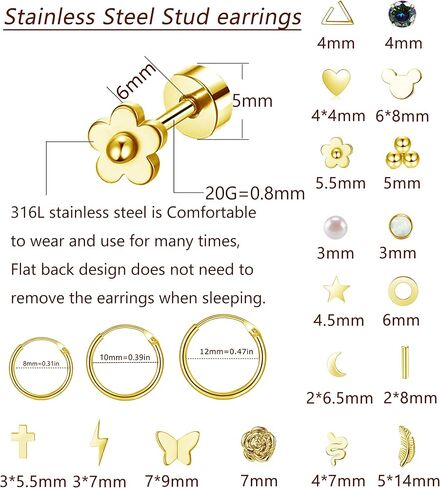 21 Pairs Stainless Steel Earrings Set for Women Men Star Moon flower Snake Leaf 20G Cartilage Earrings Set Hypoallergenic Flatback Earrings Piercing Jewelry in Kuwait