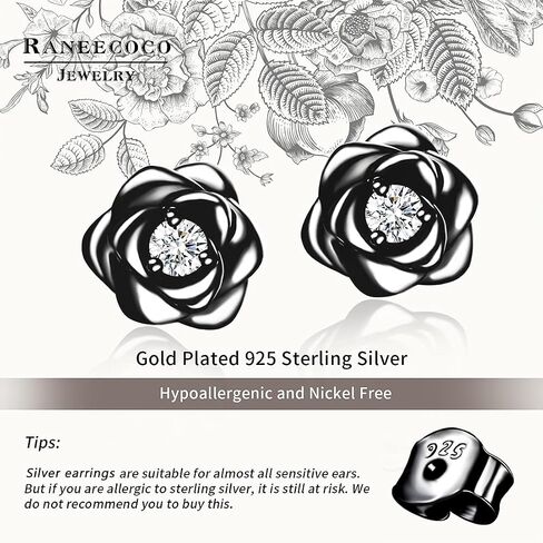 Gold Plated Sterling Silver Rose Flower Earring Studs, Hypoallergenic & Nickel Free Earrings for Women in Kuwait