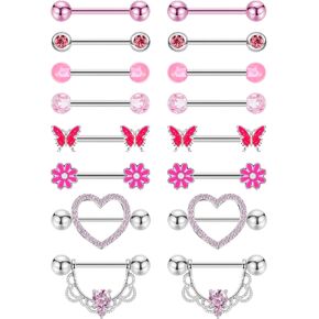 NICEIGHT 8 Pairs 14G Surgical Steel Nipple Rings for Women Girls Heart Butterfly Flower Nipple Rings CZ Barbell Nipple Piercing Jewelry in Kuwait