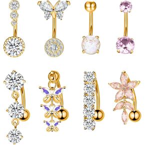 Dochais 8PCS Belly Buton Ring Surgical Stainless Steel Belly Button Rings for Women Dangle Belly Button Rings Butterfly CZ Belly Barbell Piercing Jewelry Navel Rings Pack