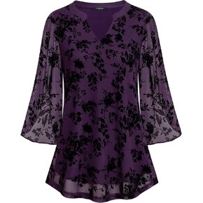VALOLIA Women's 3/4 Sleeve Floral Tunic Tops V Neck Double Layers Loose Fit Mesh Blouses Shirt