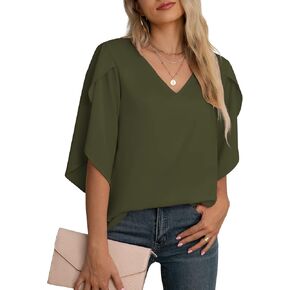 Jouica Women's Fall Casual 3/4 Ruffled Sleeve Chiffon Blouse Tops for Women