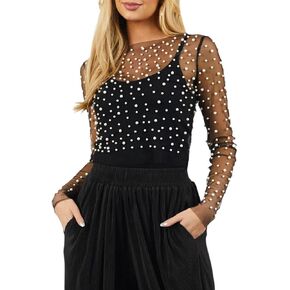 قميص علوي نسائي لؤلؤي بأكمام طويلة شبكي شفاف وغطاء للرأس in Kuwait