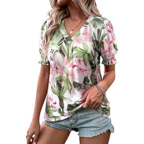 ZXZY Women Ruffle Short Sleeve Pleated V Neck Floral Print Hawaiian Shirts Blouse Tops in Kuwait
