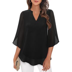 Bebonnie Womens Ruffle 3/4 Sleeve Henley V Neck Double Layers Chiffon Blouses Tops