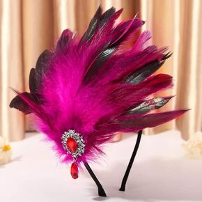 GENBREE 1920s Flapper Headband ريشة الشعر هوب ريشة أغطية الرأس حفلة كوكتيل إكسسوارات الشعر للنساء والفتيات (أحمر وردي)