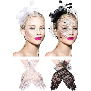 2 Pcs Bowknot Fascinator Hats for Women Feathers Veil Tea Party Hats Mesh Headband and 2 Pairs Lace Short Glove 50s Costume Accessories, Black White in Kuwait