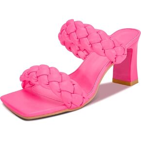 Women's Braided Heeled Sandals Fashion Square Toe Heels Block Chunky Heel Mules Slip On Dress Sexy Backless Summer High Heels Slipper