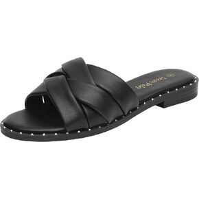DREAM PAIRS Women' s Cute Slip On Studded Flat Slides Sandals
